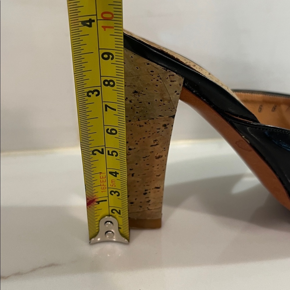 Charles Jourdan Vintage Black Patent Leather Cork Heels Sandals Mules - Picture 10 of 11